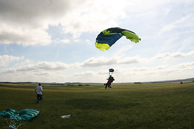 Vikki Overend lands after her skydive to raise money for the Parkinson's Disease Charity